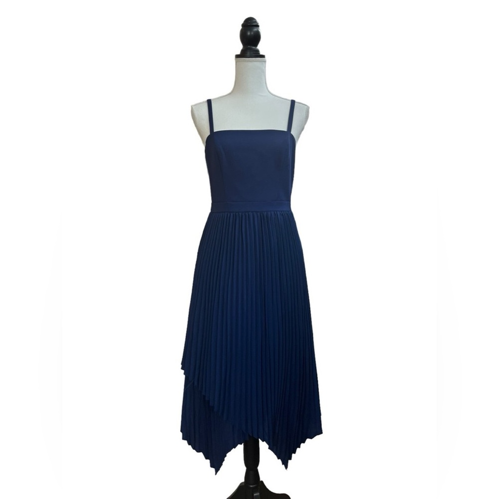 Aidan Mattox Navy Asymmetrical Pleated Midi Dress